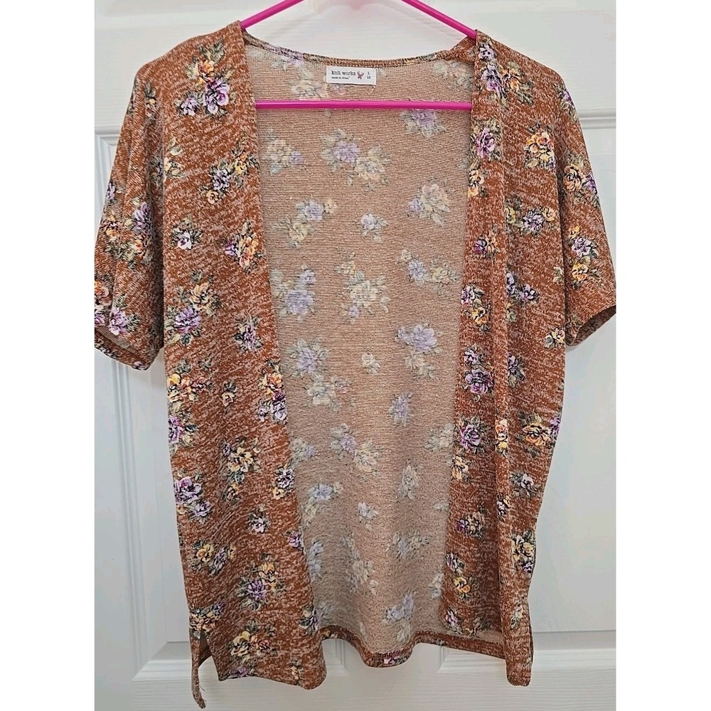Knit Works Girl's Large (14) Short Sleeve Cardigan Floral